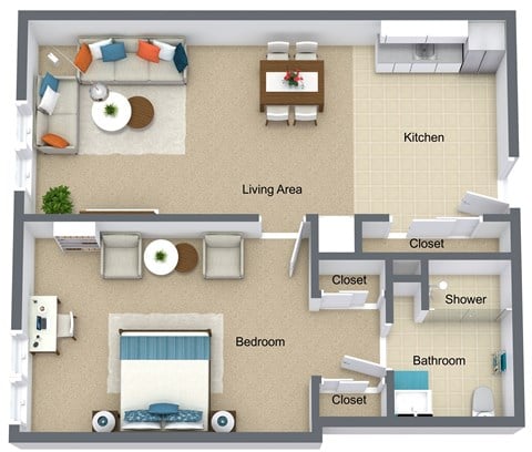 Floor plan for 1 bed, 1 bath, 810 sqft
